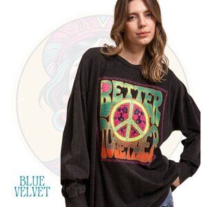 12V BLUE VELVET Better Together Peace Graphic Shirt Mineral Wash Black